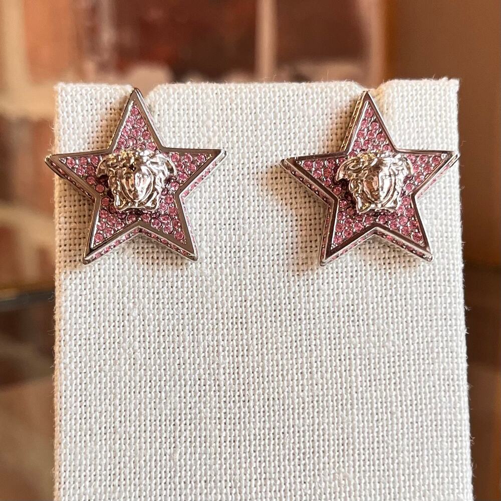 VERSACE Pink Medusa Crystal Embellished Stud Earrings - Picture 3 of 5